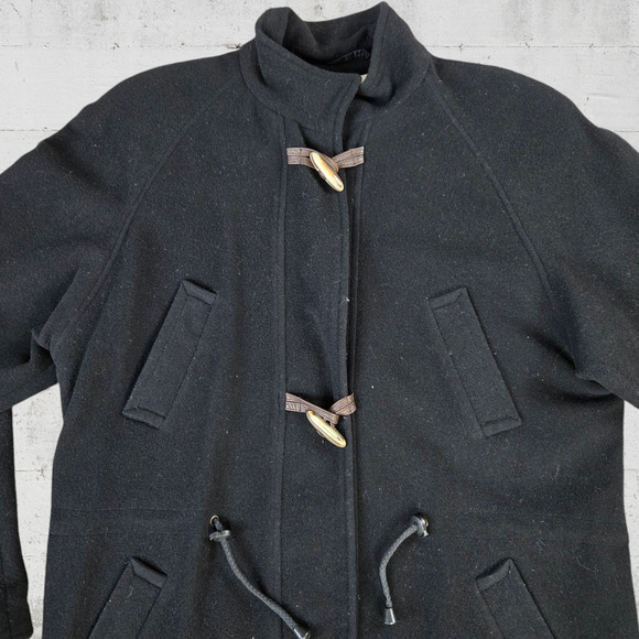 90s Vintage Black Wool Blend Toggle Closure Leather Trim Overcoat Size Medium - Picture 2 of 13